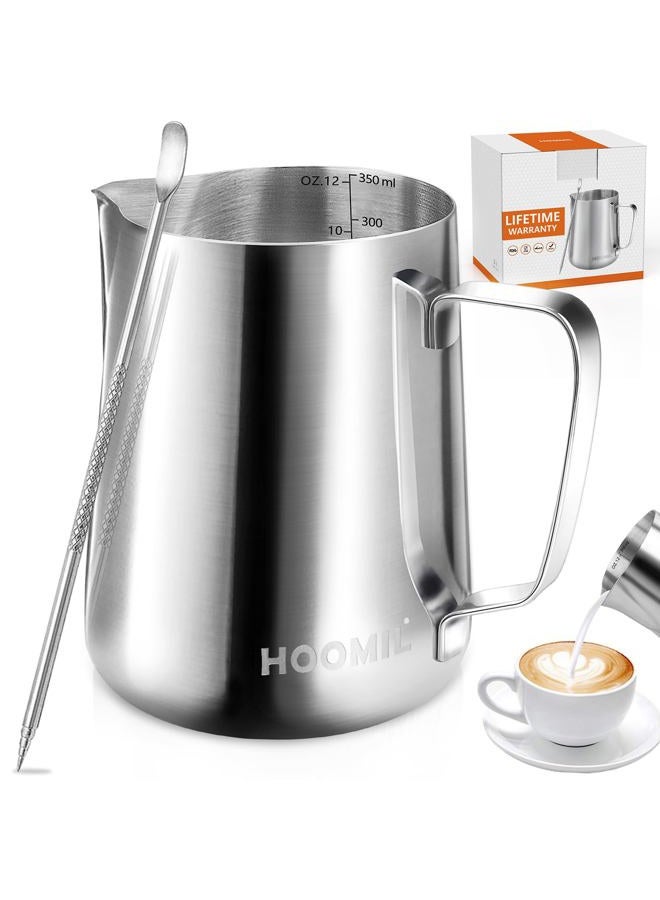 HOOMIL Milk Frothing Pitcher, Stainless Steel Espresso Steaming Pitcher 12OZ/350ML Coffee Milk Frother Cup with Decorating Art Pen for Espresso Machine, Milk Frother, Latte Art - Image 1