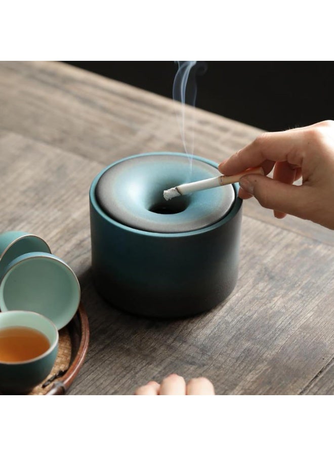 Ceramic Ashtray with Lids: Windproof Cigarette Ashtray for Outdoor Patio, Cigar Ashtrays for Men Luxury, Handmade Large Size Ash Tray for Home Office Table Decoration (Graduated Blue) - Image 5