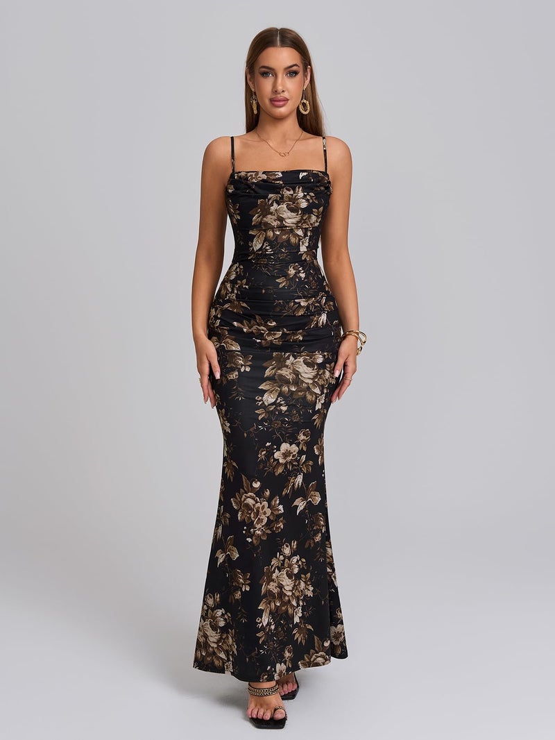 EYNMIN Women's Floral Corset Maxi Dress Sleeveless Bodycon Spaghetti Strap Ruched Elegant Wedding Guest Long Formal Dresses Black Floral S - Image 2