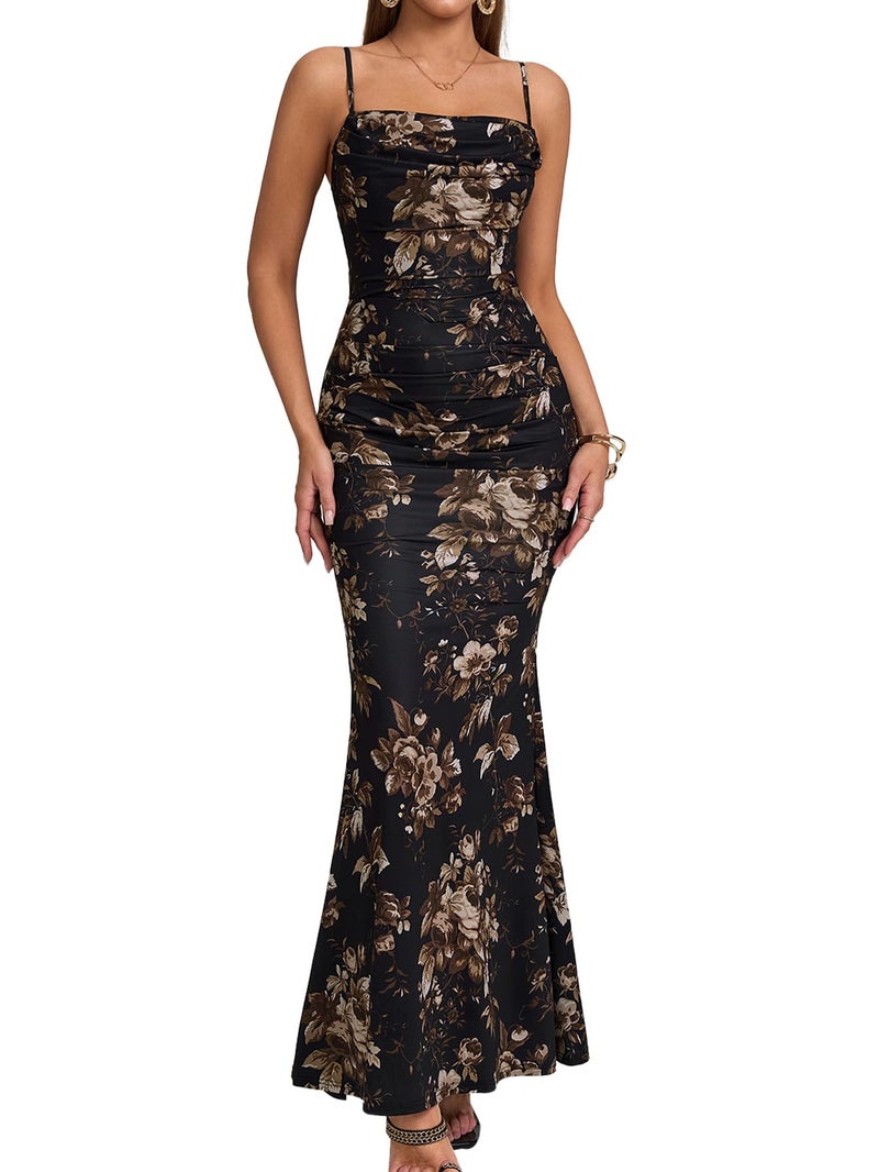 EYNMIN Women's Floral Corset Maxi Dress Sleeveless Bodycon Spaghetti Strap Ruched Elegant Wedding Guest Long Formal Dresses Black Floral S - Image 1