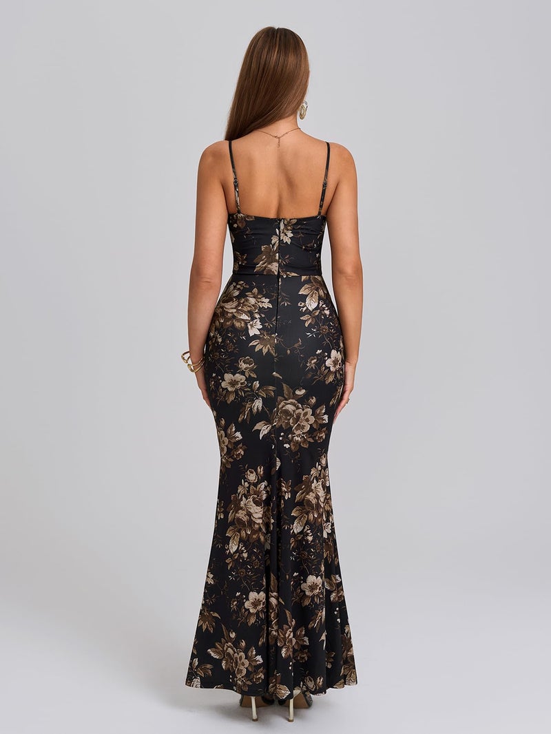 EYNMIN Women's Floral Corset Maxi Dress Sleeveless Bodycon Spaghetti Strap Ruched Elegant Wedding Guest Long Formal Dresses Black Floral S - Image 4