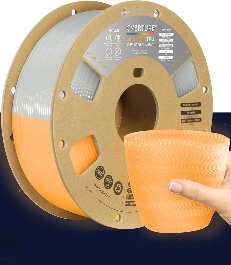 OVERTURE TPU High Speed Filament 1.75mm Flexible Roll, 95A Soft 3D Printer Filament, 1kg Spool (2.2 lbs), Fit Most FDM Printer (HS TPU Luminous Orange) - Image 1