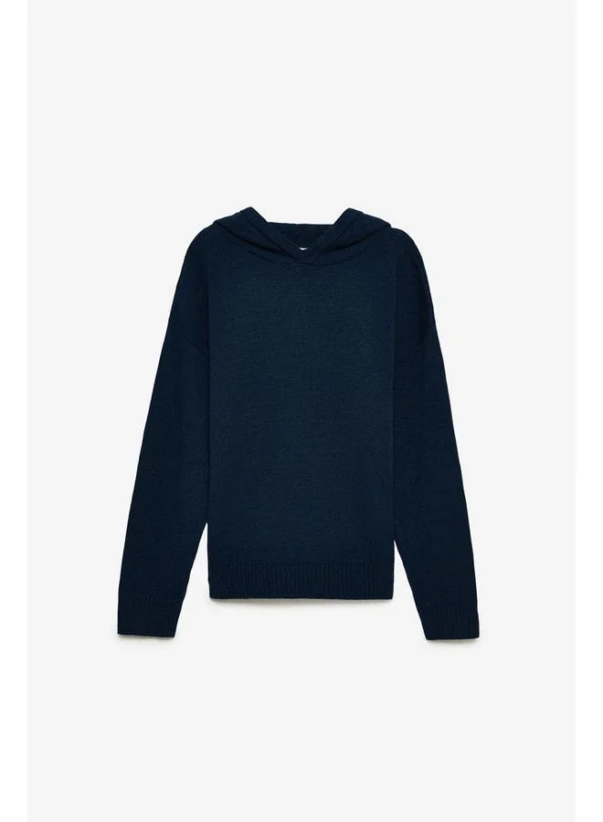 GRIMELANGE Gondor Men's Clean Surface Hooded Medium-Thickness Knit Oversized Navy Sweater