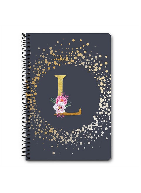 Designer A5 Spiral Notebook Memo Notepad Journal - Custom Monogram Initial Letter Floral Pattern Alphabet - L - Grey
