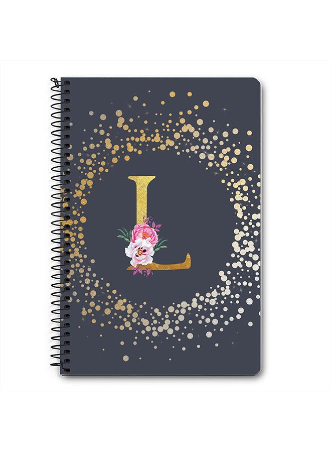 Designer A5 Spiral Notebook Memo Notepad Journal - Custom Monogram Initial Letter Floral Pattern Alphabet - L - Grey