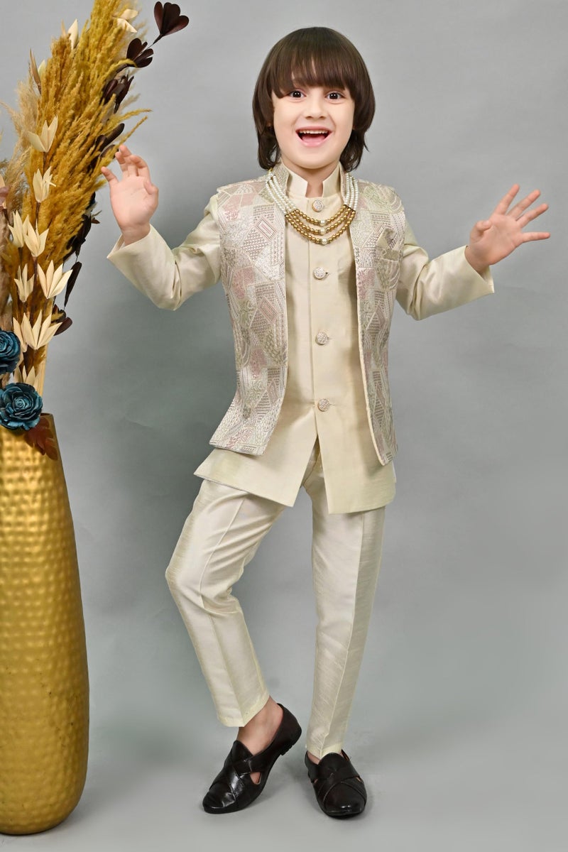 AHHAAAA Kids Ethnic Zari Work Indo-Western Kurta, Payjama and Waistcoat|3-Piece Set with Maala For Boys |Cream 2-3 Years| - Image 2