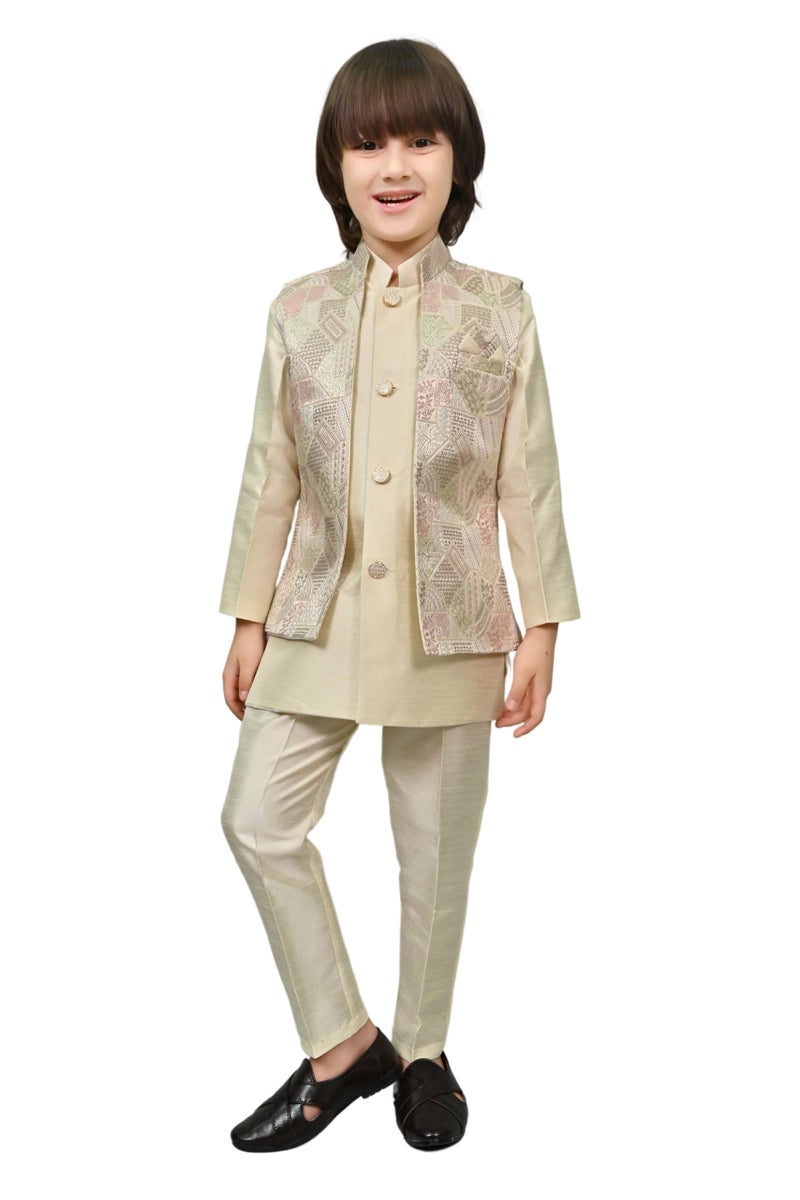 AHHAAAA Kids Ethnic Zari Work Indo-Western Kurta, Payjama and Waistcoat|3-Piece Set with Maala For Boys |Cream 2-3 Years| - Image 1