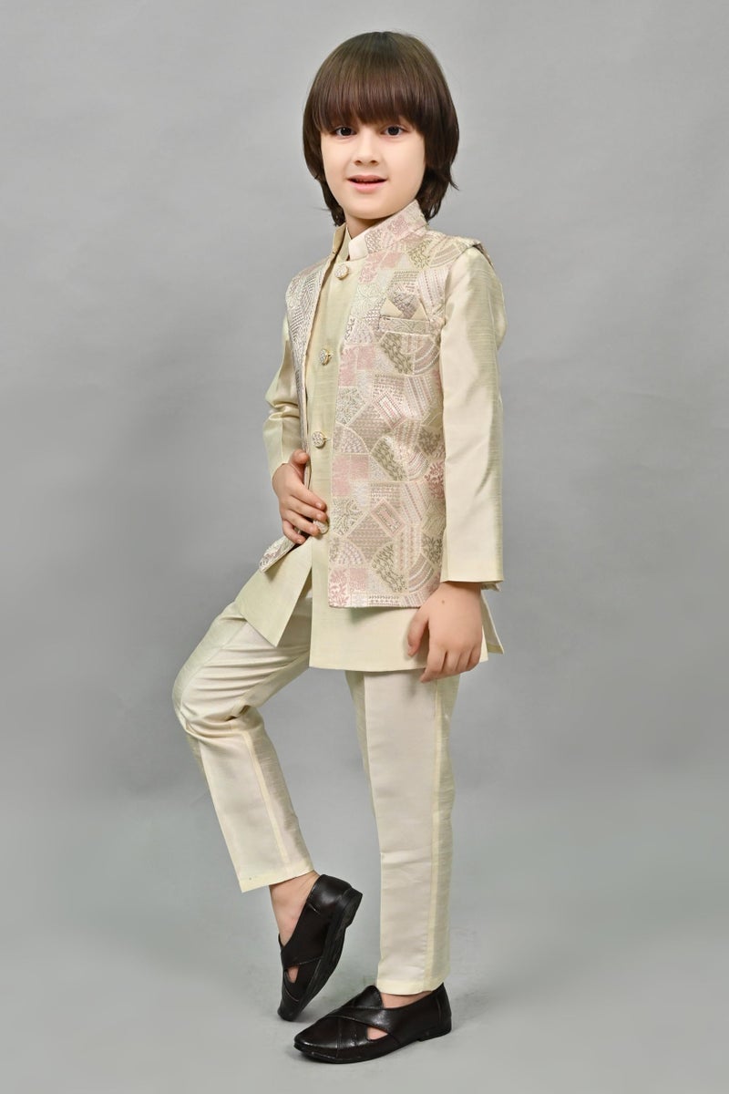 AHHAAAA Kids Ethnic Zari Work Indo-Western Kurta, Payjama and Waistcoat|3-Piece Set with Maala For Boys |Cream 2-3 Years| - Image 4