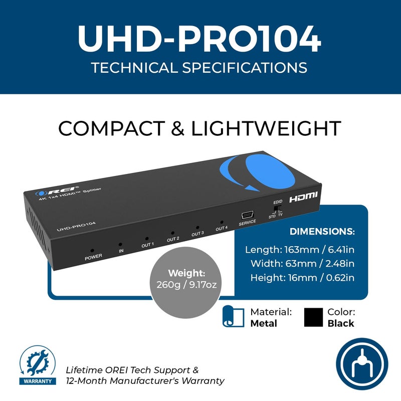 OREI 4K HDMI Splitter 1 in 4 out Duplicate / Mirror 4K Screens w/ Down Scaler 4 Ports Upto 4K@60Hz 1080p & 3D Supports EDID Control, UHD-PRO104 - Image 5