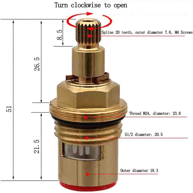 Replacement Faucet Valve, Mixer Tap Cartridge 20 Spline Tap Valves Replacement Brass Ceramic Stem Disc Tap Cartridge Hot and Cold Faucet Valve for Bathroom Kitchen Tap,Red (Color : Red) ( Color : Red