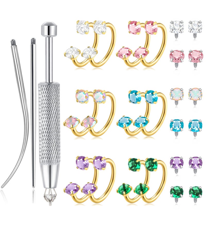 Tornito Horseshoe Nose Rings Half Hoop Earrings For Women Internally Threaded Double CZ Daith Tragus Helix Earring Lip Labret Septum Piercing 18G 20G 8mm Silver Gold Plated - Image 1