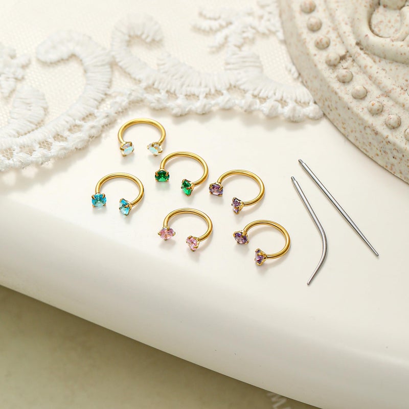 Tornito Horseshoe Nose Rings Half Hoop Earrings For Women Internally Threaded Double CZ Daith Tragus Helix Earring Lip Labret Septum Piercing 18G 20G 8mm Silver Gold Plated - Image 5