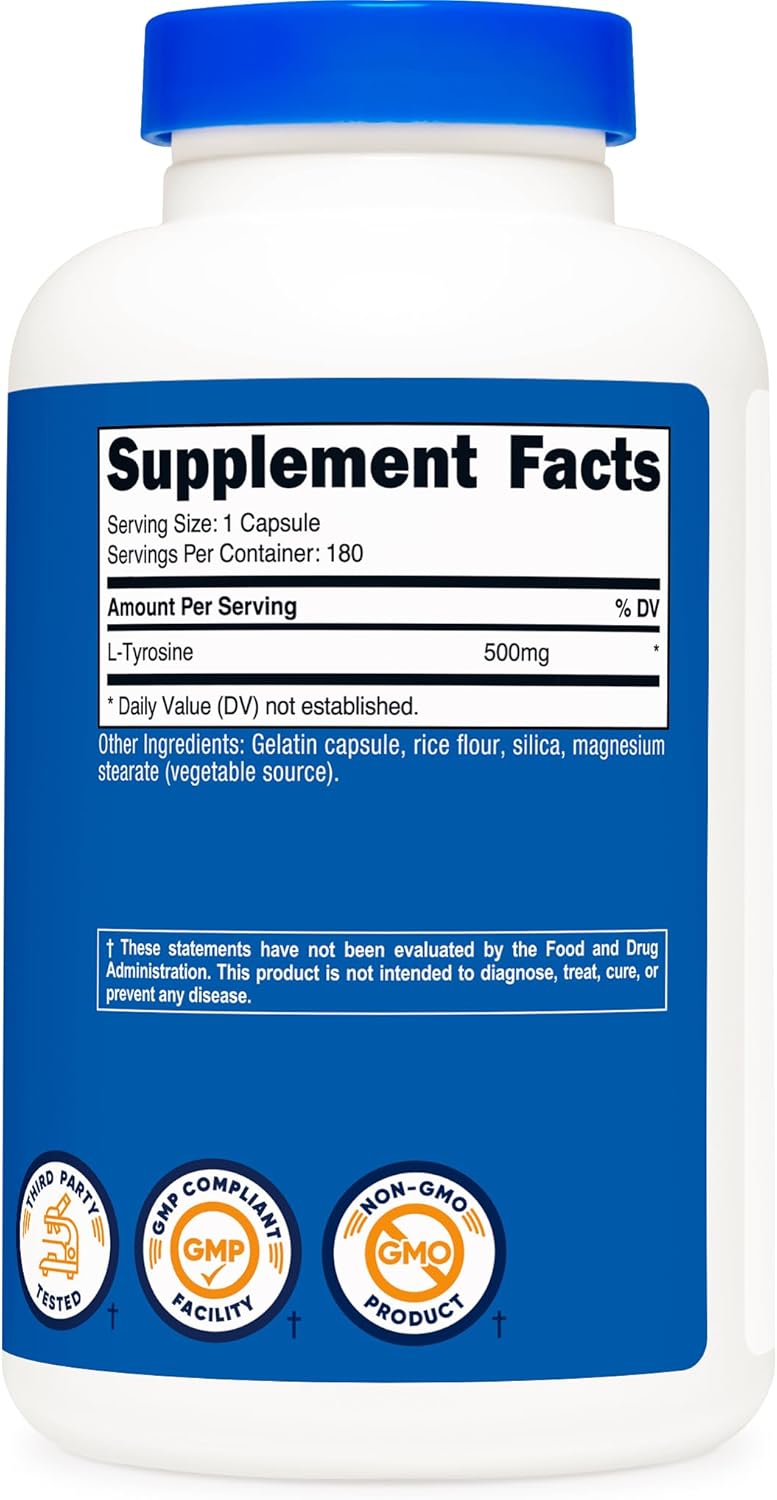 Nutricost نوتريكوست L-تيروزين 500 ملغ 180 كبسولة خالية من الغلوتين وغير معدلة وراثيًا - Image 5