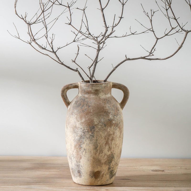 Lyeec Ceramic Rustic Vase, 9.6 Inch Terracotta Rustic Vase with 2 Handles, Decorative Pottery Flower Vase for Home Decor, Living Room, Shelf Decor, Wedding, Table Decoration - Image 1