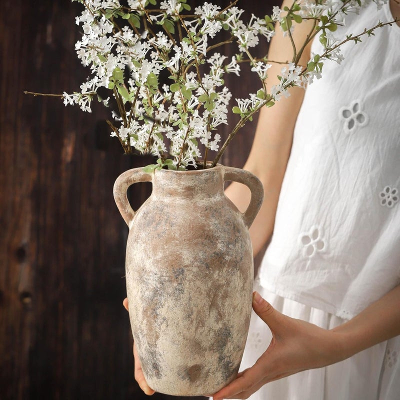 Lyeec Ceramic Rustic Vase, 9.6 Inch Terracotta Rustic Vase with 2 Handles, Decorative Pottery Flower Vase for Home Decor, Living Room, Shelf Decor, Wedding, Table Decoration - Image 4
