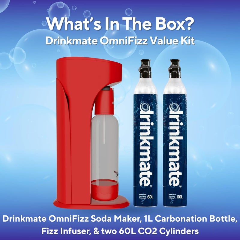 DrinkMate OmniFizz Sparkling Water and Soda Maker, Carbonates Any Drink Not Just Water, Fizzy Drink Maker, Water Carbonator, Sparkling Water Machine, x2 CO2 Cylinders Included, Royal Red - Image 5