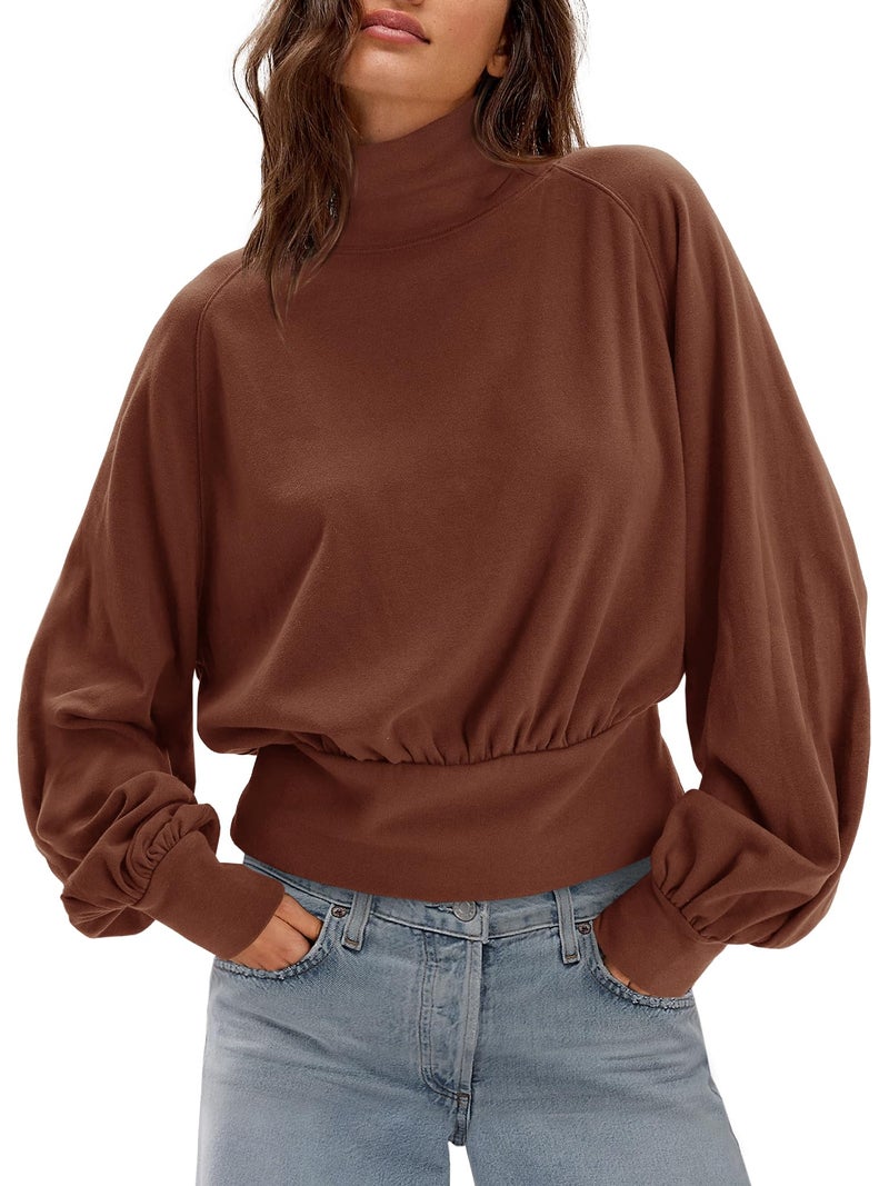Yanekop Womens Turtleneck Tops Mock Neck Long Sleeve Shirts Oversized Cropped Sweatshirts Loose Fitting Pullover Tops(Dark Brown,M) - Image 2