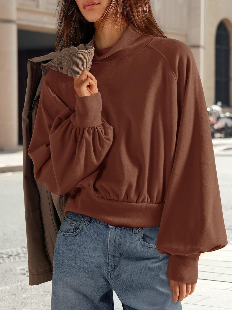 Yanekop Womens Turtleneck Tops Mock Neck Long Sleeve Shirts Oversized Cropped Sweatshirts Loose Fitting Pullover Tops(Dark Brown,M) - Image 3