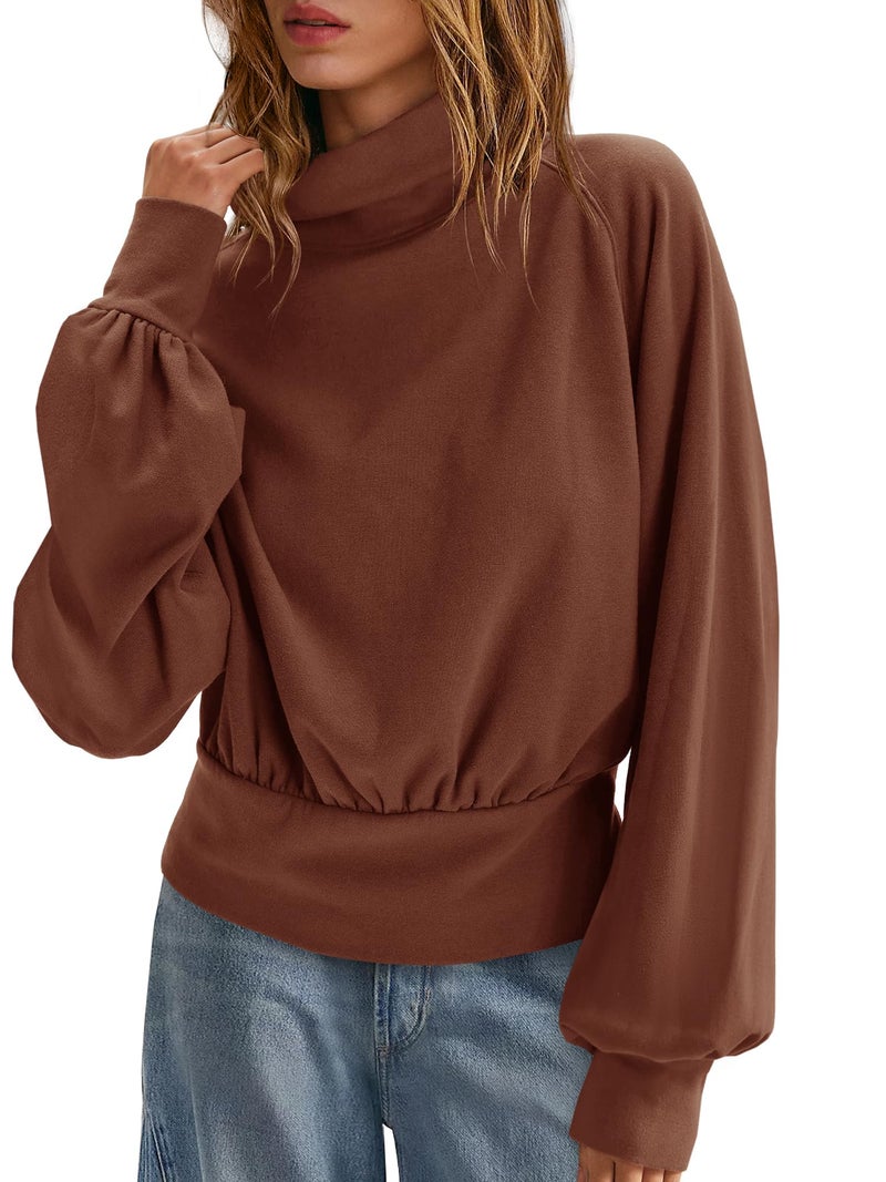 Yanekop Womens Turtleneck Tops Mock Neck Long Sleeve Shirts Oversized Cropped Sweatshirts Loose Fitting Pullover Tops(Dark Brown,M) - Image 1