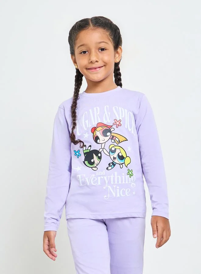 Styli Girls Lilac Powerpuff Cotton T-Shirt and Pyjama Set