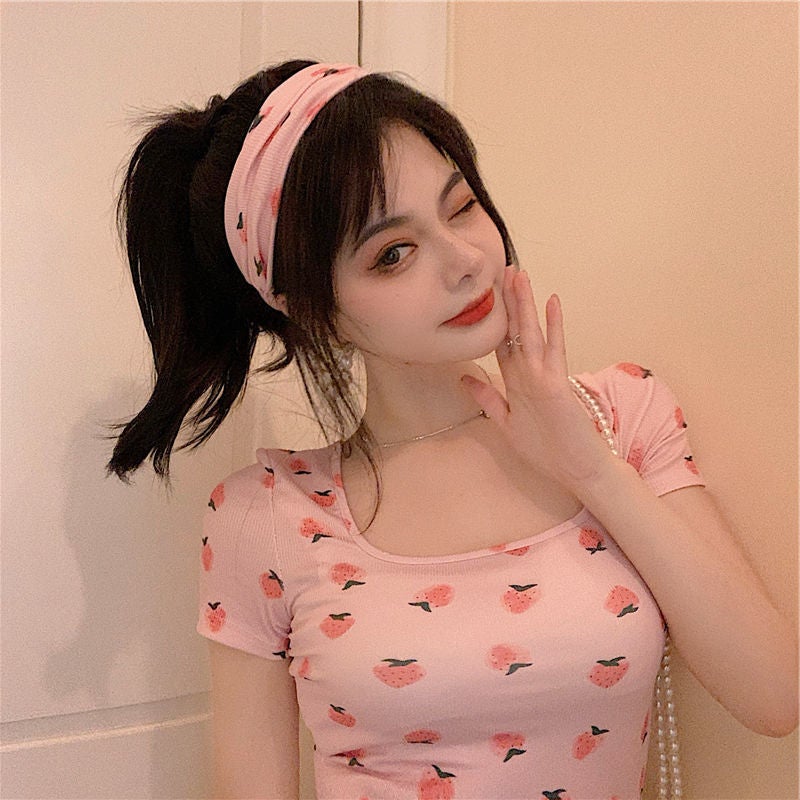 Girls White Strawberry Print Short-Sleeved T-Shirt Women'S 2021 Korean-Style Instagram Style Slim-Fit Square Collar Short Top - Image 5