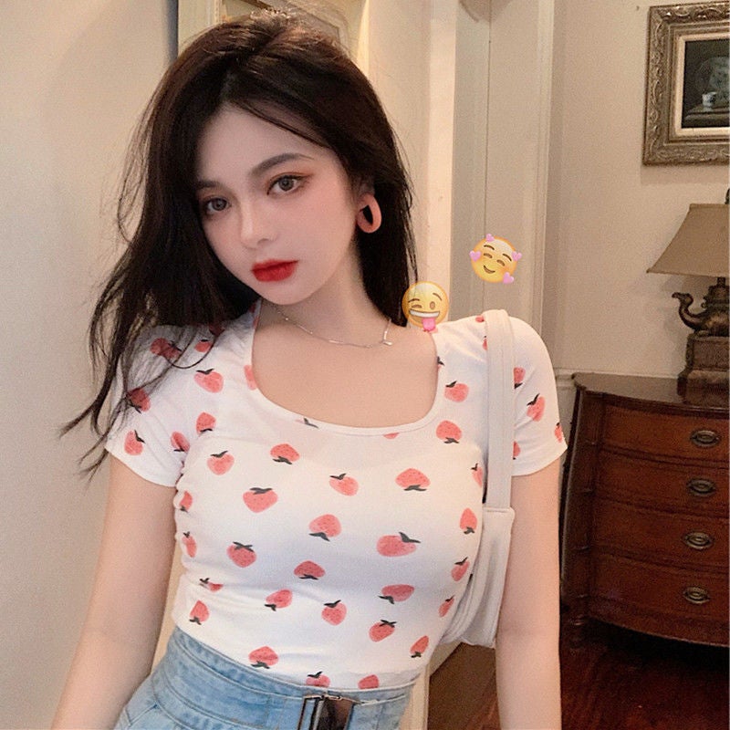 Girls White Strawberry Print Short-Sleeved T-Shirt Women'S 2021 Korean-Style Instagram Style Slim-Fit Square Collar Short Top - Image 4
