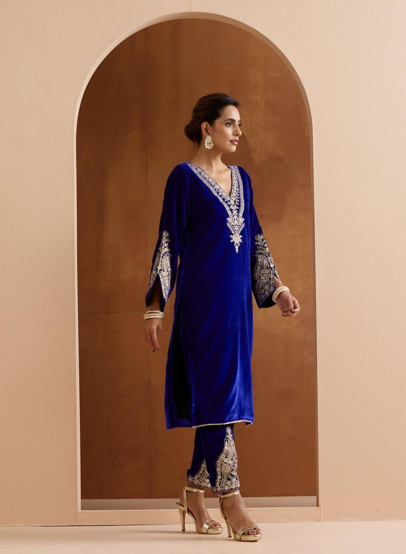 ISHIN Women's Blue Velvet Embroidered Tunic Full Length Palazzo Straight Fit Kurta Set - Image 5