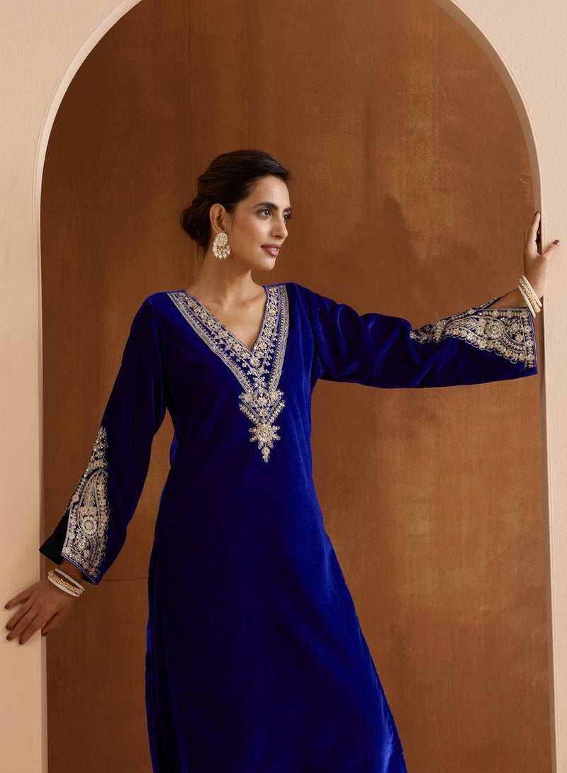 ISHIN Women's Blue Velvet Embroidered Tunic Full Length Palazzo Straight Fit Kurta Set - Image 3