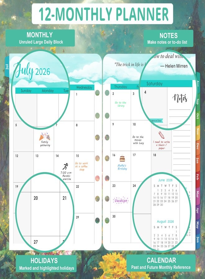 Pinchoco عبوات إعادة تعبئة لمخطط 2026-2027 - عبوات إعادة تعبئة لمخطط 2026-2027، يوليو 2026 - يونيو 2027، مقاس 5.5 × 8.25 بوصة، حشوات مخطط A5، مخطط أسبوعي وشهري 26-27 مع 7 ثقوب، علامات تبويب ملونة - دريمنج مون - Image 4