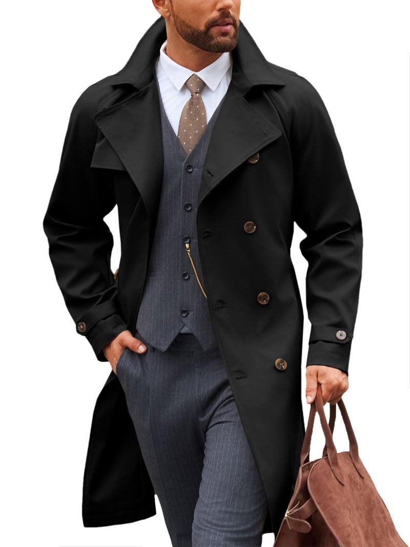 Runcati Mens Trench Coat Double Breasted Notched Lapel Casual Belted Windbreaker Fall Classic Long Jacket Overcoat