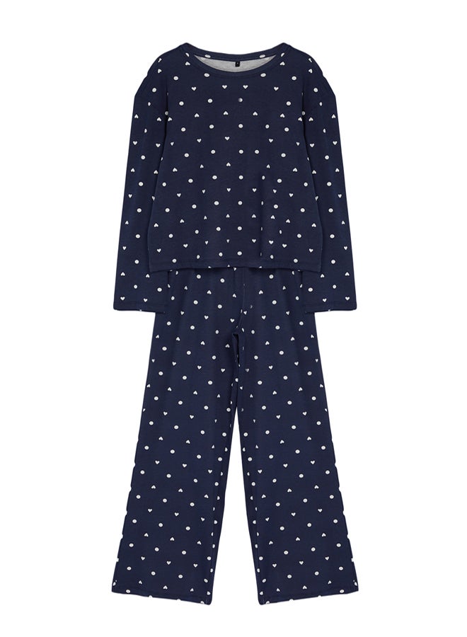 trendyol Navy Blue Polka Dot and Heart Patterned Knitted Pajama Set THMAW25PT00039 - Image 5