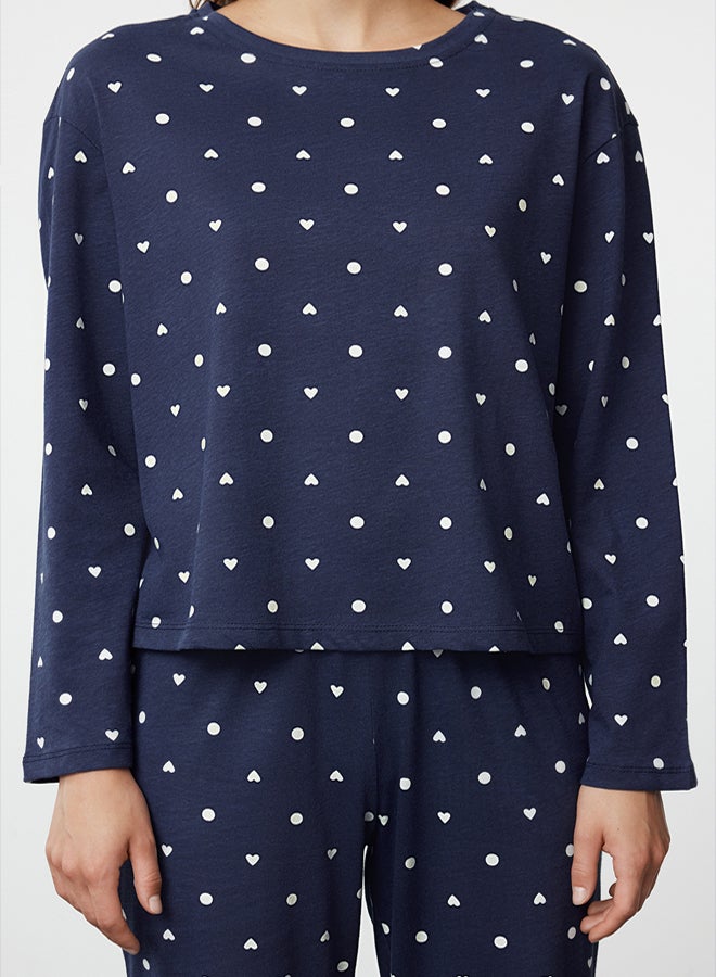 trendyol Navy Blue Polka Dot and Heart Patterned Knitted Pajama Set THMAW25PT00039 - Image 3