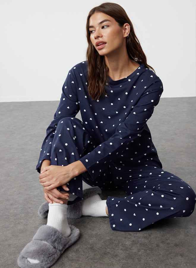 trendyol Navy Blue Polka Dot and Heart Patterned Knitted Pajama Set THMAW25PT00039 - Image 1
