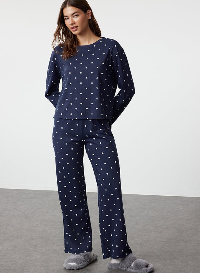 Navy Blue 100% Cotton Polka Dot and Heart Patterned Knitted Pajama Set THMAW25PT00039