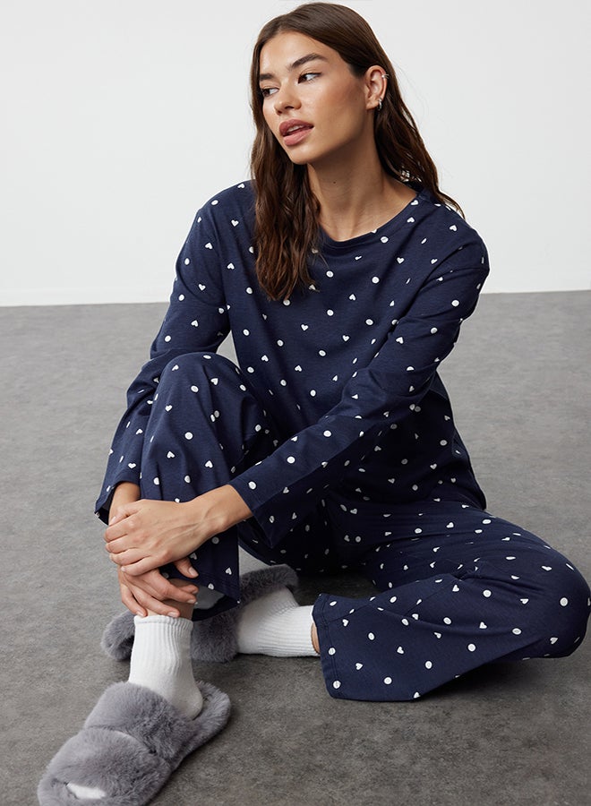 Navy Blue 100% Cotton Polka Dot and Heart Patterned Knitted Pajama Set THMAW25PT00039
