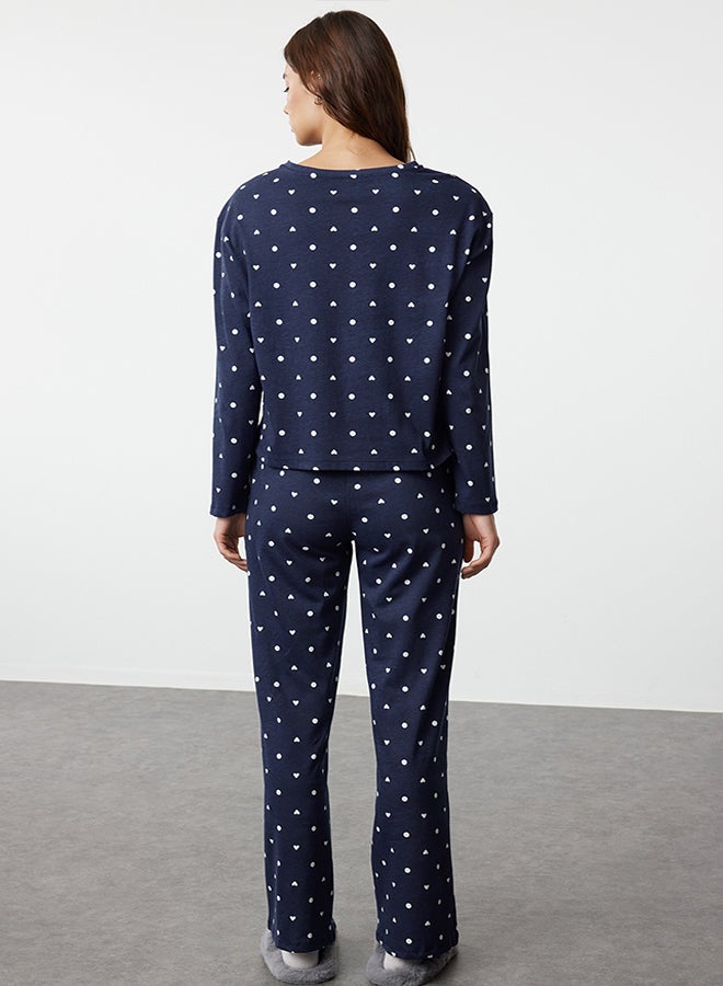 Navy Blue 100% Cotton Polka Dot and Heart Patterned Knitted Pajama Set THMAW25PT00039