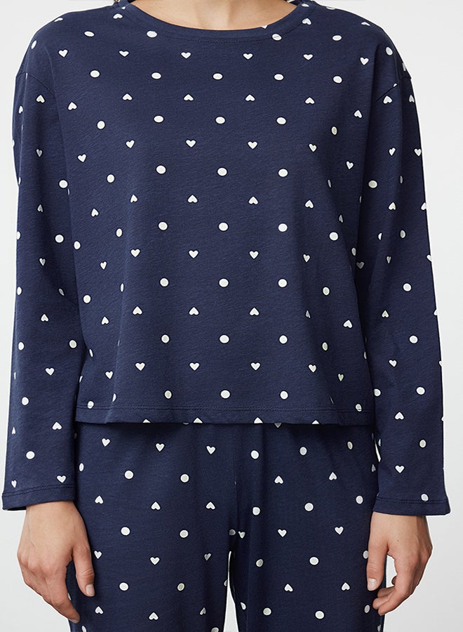 Navy Blue 100% Cotton Polka Dot and Heart Patterned Knitted Pajama Set THMAW25PT00039