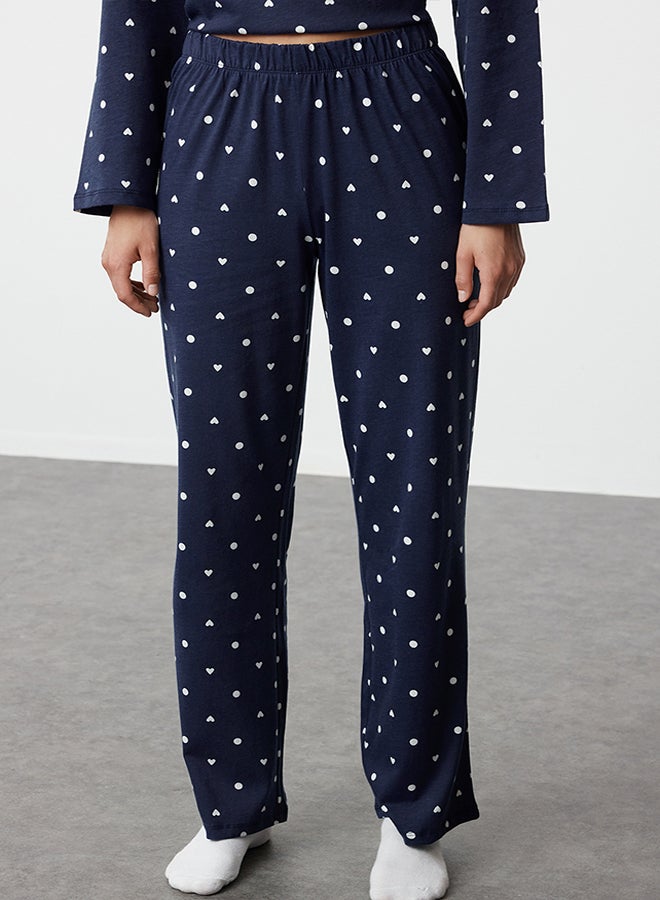 Navy Blue 100% Cotton Polka Dot and Heart Patterned Knitted Pajama Set THMAW25PT00039