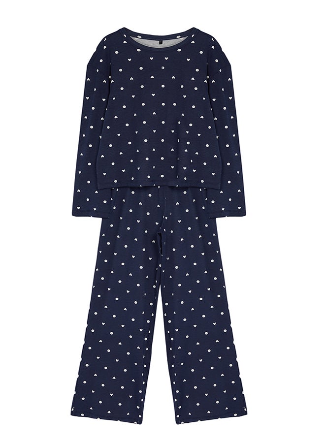 Navy Blue 100% Cotton Polka Dot and Heart Patterned Knitted Pajama Set THMAW25PT00039