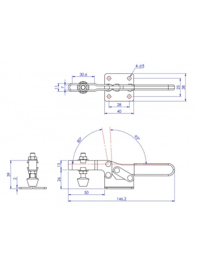 GH-201-C Horizontal Toggle Clamp, 100kg Holding Capacity, 80° Bar Opening, with Spindle and Flanged Washers - Image 2