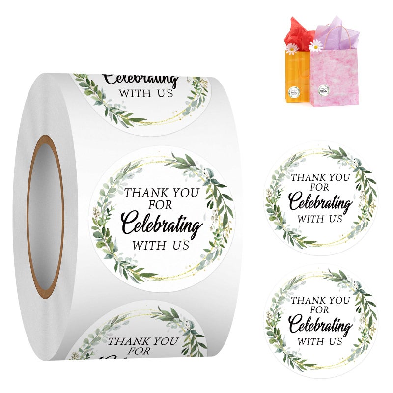 Acetiamin 500Pcs 1.5Inch Thank You for Celebrating with Us Sticker Roll, Greenery Round Stickers for Decorating Wedding, Baby Shower, Thank You Party Favors - Image 1