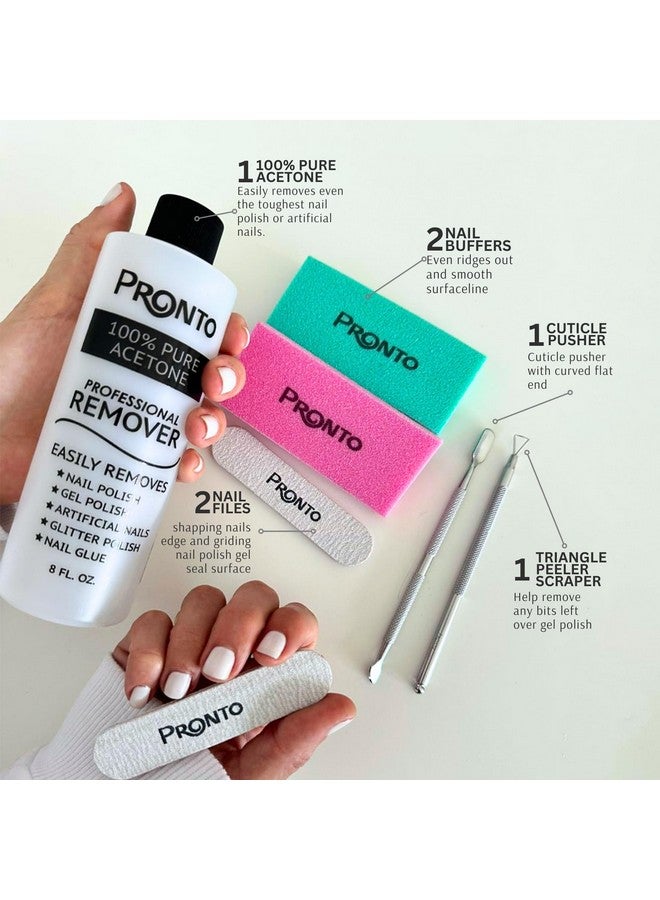 Pronto Acetone Nail Polish Remover 8 Fl Oz with Manicure Kit - Includes Nail File, Buffer, Pusher, Scraper - Pure Acetone 100 Percent - Quick & Professional Gel Acrylic Nail Remover Kit - Image 1
