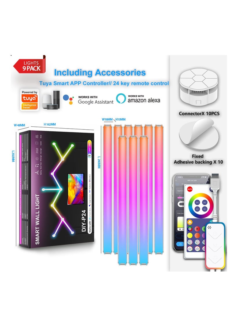 Furtey - 9Pack WiFi LED Wall Lights Color Dimmable Smart Music Sync Rhythm APP Intelligent Control RGB Interior Wall Atmosphere Light for Gaming Room Home Wall Decor Light Bars Kit (White,) - Image 1