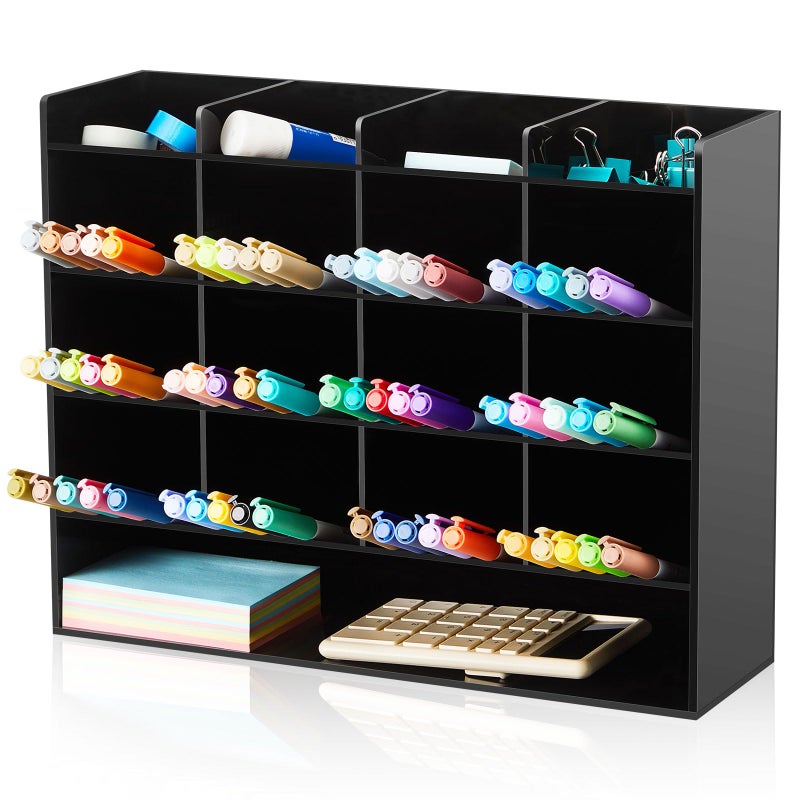 MotiMind Acrylic Pen Organizer Storage for 200 Markers Vertical Marker Organizer Acrylic Pen Display Holder for Office Desk Desktop Stationery Pencil Storage, Black, 13 x 4 x 10.2 Inch - Image 1