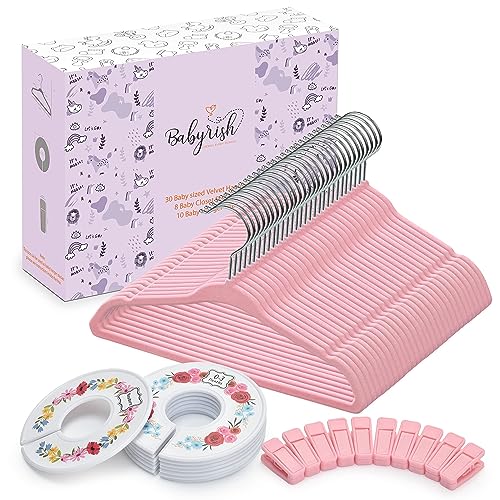 Babyrish Velvet Baby Hangers with 10x Clips and 8X Dividers (30 Pack) | 11” Ultra-Slim Baby Clothes Hangers | Non-Slip Felt | Space-Saving Nursery & Infant Closet Organizer | Pink - Image 1