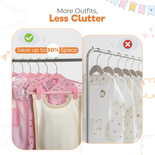 Babyrish Velvet Baby Hangers with 10x Clips and 8X Dividers (30 Pack) | 11” Ultra-Slim Baby Clothes Hangers | Non-Slip Felt | Space-Saving Nursery & Infant Closet Organizer | Pink - Image 3