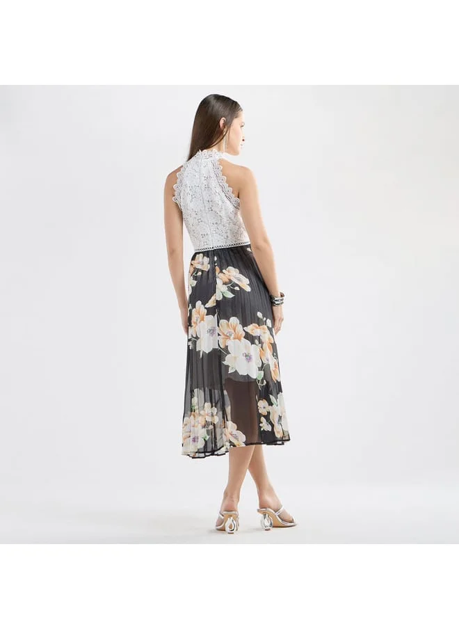 Splash FAV Floral Print Halter Neck Midi Dress with Lace Detail