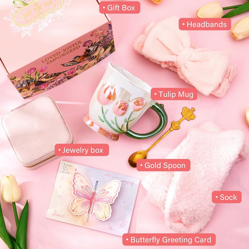 ALBISS Gifts for Mom, 7Pcs Tulip Mom Gifts Set with 18Oz Pearlescent Glaze Best Mom Ever Mug，Crown Spoon，Headband，Socks，Jewelry Box，Card，Gift Box - Mothers Day Birthday Gift for Mother from Daughter, Son - Image 2