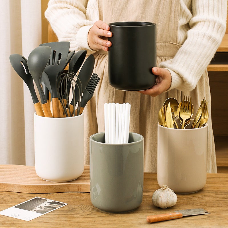 Ceramic Kitchenware Storage Tube Household Kitchen Utensils Storage Bucket Large Capacity Chopsticks Holder Knife, Fork And Spoon Storage Pot Chopsticks Cage - Image 2