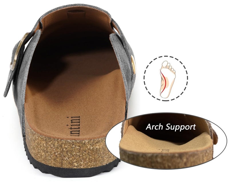 Intini Suede Clogs for Mens Womens Leather Clogs Adjustable Buckle Cork Footbed Home Slippers Sandals Grey - Image 3